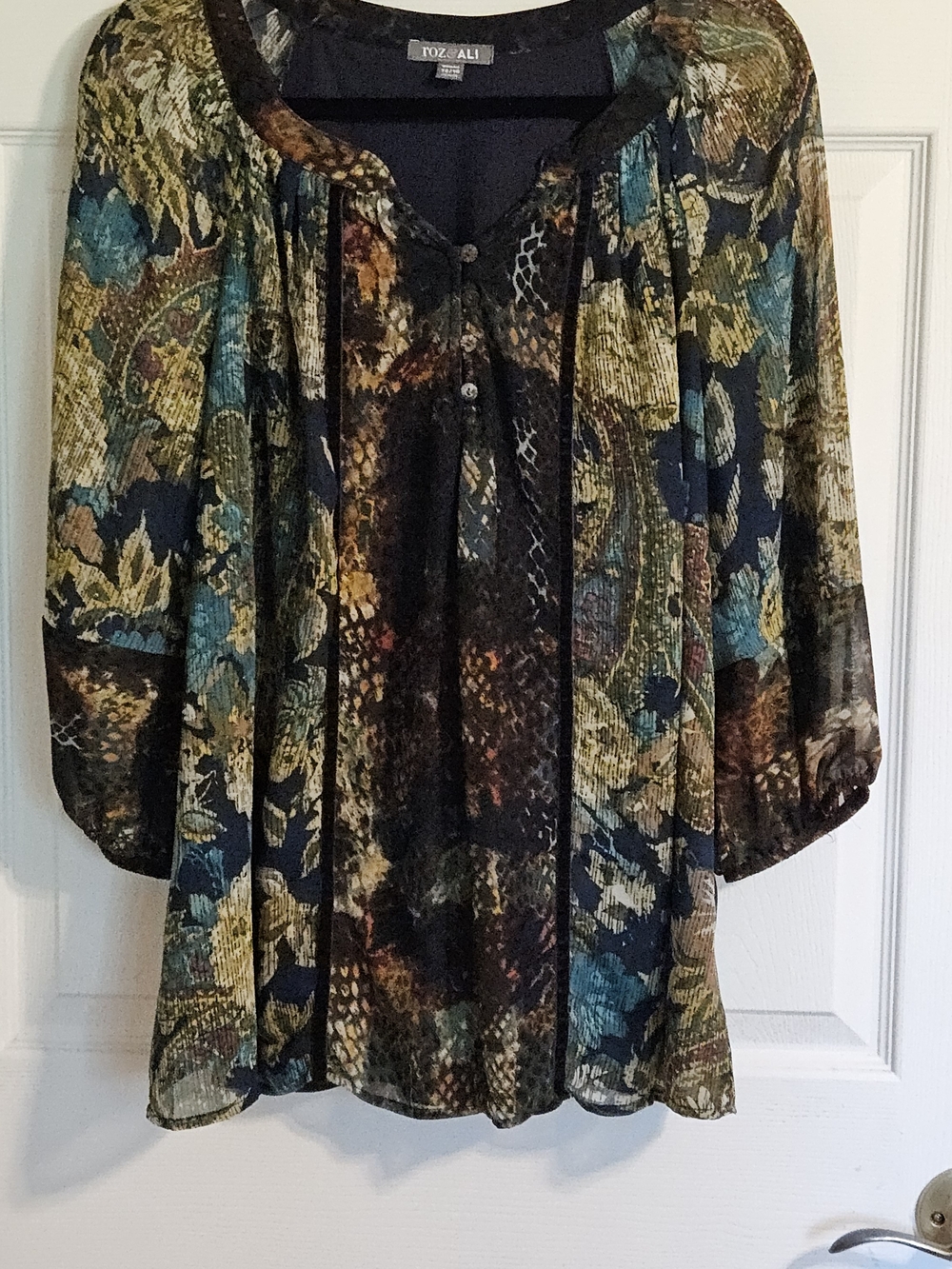 Roz & Ali Multicolor Floral Peasant Blouse - Blue/Green/Tan